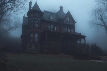 Haunted Victorian mansion at night, with copy space