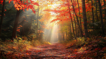 Fototapeta premium Sun Rays Through Autumn Forest Path. Sunlight Streaming Through Colorful Autumn Forest Path