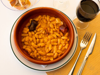 Traditional dish of Asturian cuisine Fabada, beans stewed with pork, blood sausage and chorizo...