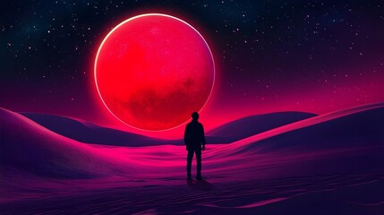 a surreal and vibrant scene. In the foreground, there is a silhouette of a person standing on a landscape that resembles rolling sand dunes, all bathed in a vivid pink and purple hue. In the sky