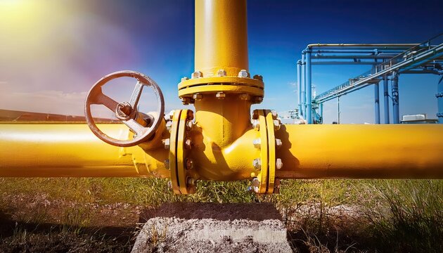 yellow gas pipe with valve and burning gas burner, double exposure of natural gas use