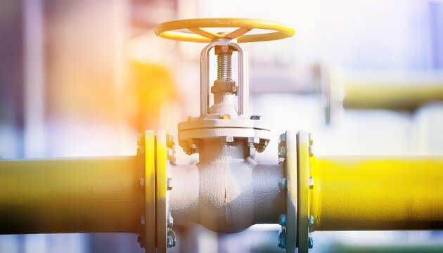 yellow gas pipe with valve and burning gas burner, double exposure of natural gas use