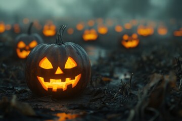 Jack-o-lanterns glowing, with copy space