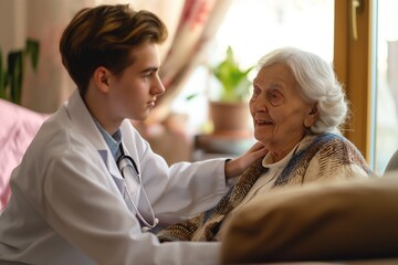 Obraz premium Young doctor visits elderly woman at home. Woman sits on couch, smiling. Doctor examines patient, listens to concerns. Healthcare pro provides support, assistance, medical care. Woman looks happy,