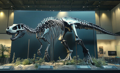 Large black and gray dinosaur skeleton on display in museum setting with typography elements and...