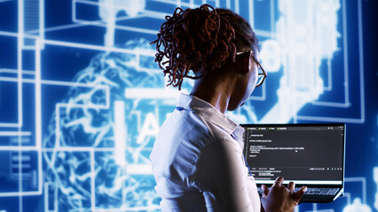 Inspector overseeing data center updating AI systems, writing intricate binary code scripts on...