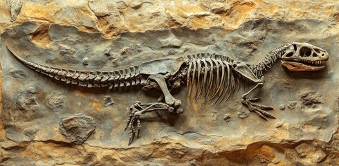 Fossilized Pokmanosaur skeleton embedded in a stone wall with detailed features and gray-white coloration under natural lighting