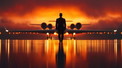 Fototapeta premium An individual strides toward a private jet at sunrise, with the sky ablaze in fiery hues, creating an impression of determination and boldness on their path forward.