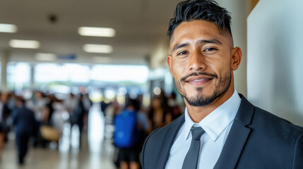 Fototapeta premium A confident man in a suit smiles warmly while standing indoors, with a blurred background of people in a busy setting, showcasing professionalism and openness.