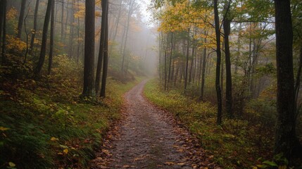 Obraz premium A winding dirt path leads through a foggy forest with yellow leaves on the trees.