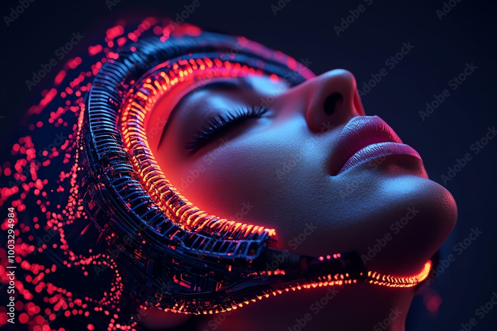 Poster a futuristic ear implant connected to a glowing digital network, where sound is processed through ad