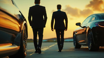 Two men in business suits walk between two sleek cars towards a private jet at sunset, exuding elegance and ambition in a modern, upscale setting.