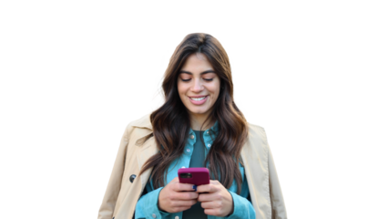 Happy young woman texting on smartphone	transparent background 