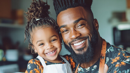 A joyful father and daughter, both in aprons, share a warm embrace in a vibrant, cozy kitchen setting.