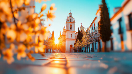 Fototapeta premium A sunlit street leading to a historic church, framed by flowering trees and exuding a tranquil and sacred atmosphere in the golden evening light.