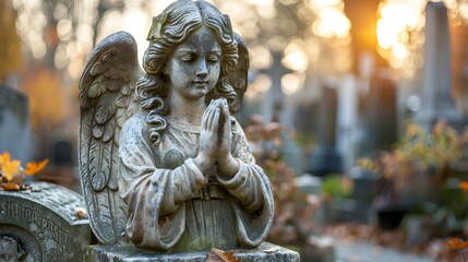 Obraz premium a stone statue of an angel in a cemetery. The angel is depicted with wings and is in a praying position, with its hands together in front of its chest. The statue has a serene expression on its face.