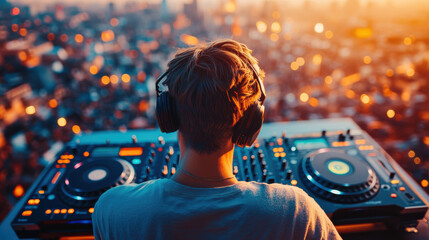 A DJ commands the crowd at a lively rooftop venue as the city skyline glows at sunset, energizing...