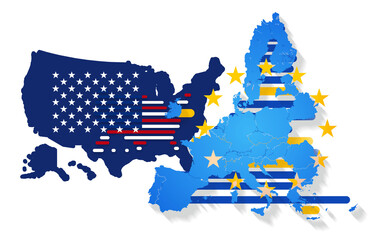 Obraz premium creative abstract map of USA United States of America and Europe, the European Union, rounded lines striped 