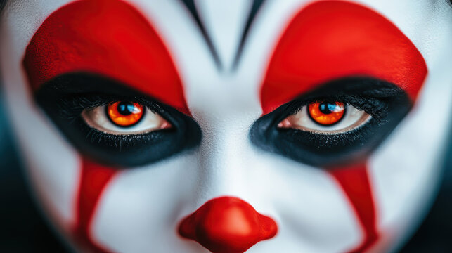 An intense close-up of a clown's face with vibrant red and white makeup, focus fixed on striking and mysterious red eyes.