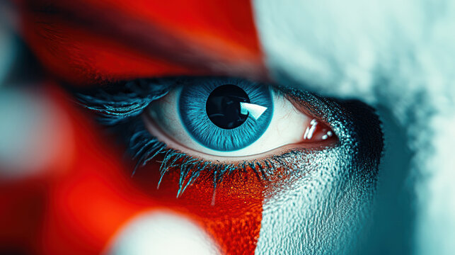 An extreme close-up of a blue eye, adorned with vibrant red and white carnival makeup, captures an intense and mesmerizing gaze.