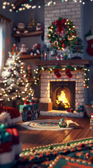 Fototapeta premium Cozy Christmas Interior with Fireplace and Decorations