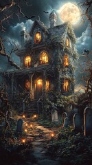 Cartoon Halloween haunted house with spooky graveyard.
