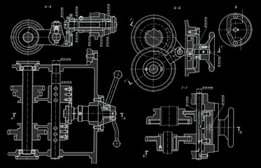 Levers, handles. Mechanisms of movement of gear wheels.
Engineering mechanical pencil drawing of steel devices
with dimension lines. Industrial technology
cad scheme of machine building industry. 