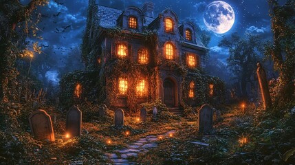 Cartoon Halloween haunted house at night