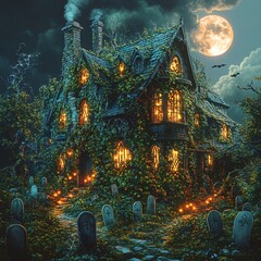 Naklejka premium Cartoon Halloween haunted house at night