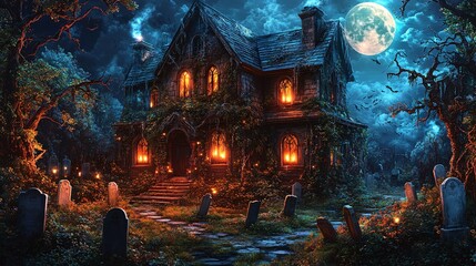 Fototapeta premium Cartoon Halloween haunted house at night
