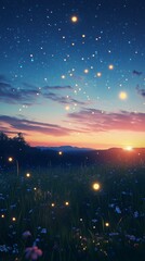 Glowing orbs light hovering tranquil meadow twilight dreamlike serene colors peaceful ambiance. AI generated