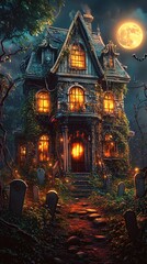 Cartoon Halloween haunted house at night