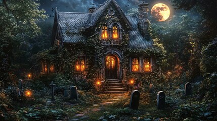 Fototapeta premium Cartoon Halloween haunted house with spooky graveyard.