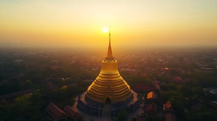 Fototapeta premium Stunning aerial view golden pagoda under vibrant sunset sky picture