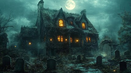 Obraz premium Cartoon Halloween haunted house with spooky graveyard.
