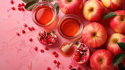 Rosh Hashanah Jewish New Year holiday concept Traditional symbols Honey jar apples pomegranate
