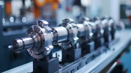 Fototapeta premium Close-up of a metal crankshaft on a manufacturing line