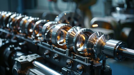 Fototapeta premium Close-up of a Shiny, Chrome-Plated Metal Gear Assembly with Sparks Flying