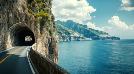 Fototapeta premium A winding road leading through a tunnel carved into a cliff face, with the sea and coastline in the distance.