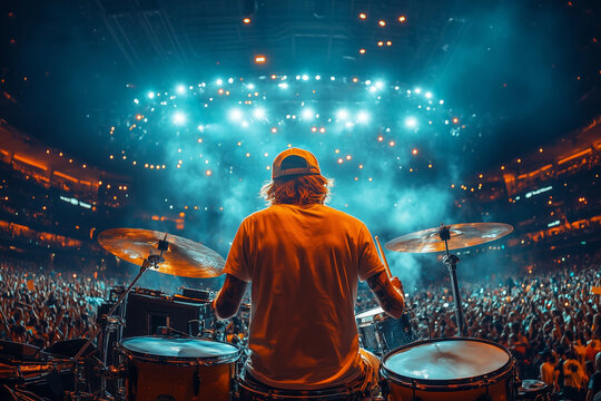 Drummer performing energetically at a packed stadium during a live concert. Back view of a drummer playing passionately on stage as a massive crowd enjoys the electrifying performance. 