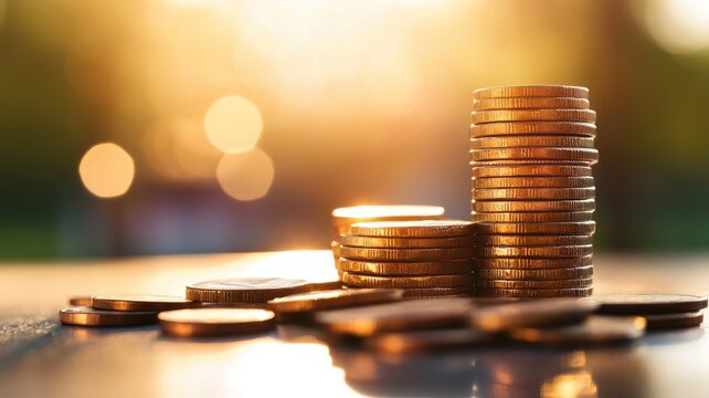 Stacked golden coins on reflective surface in soft sunlight - Powered by Adobe