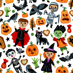 Seamless pattern of Halloween characters, Children in funny and scary monster, vampire and zombie costumes background