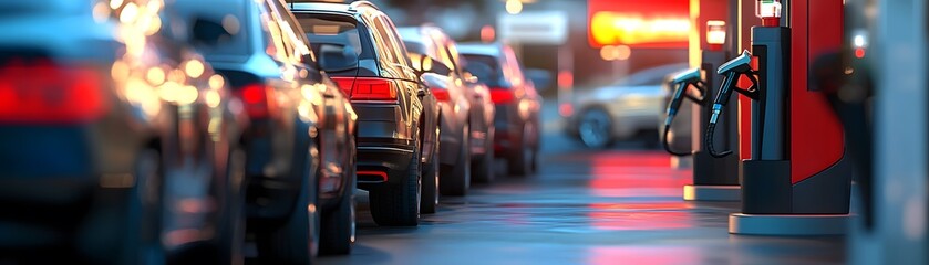 Obraz premium A vibrant urban scene featuring cars lined up at a gas station, illuminated by colorful lights at dusk.