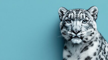 Obraz premium Snow leopard portrait against blue background, gazing intensely