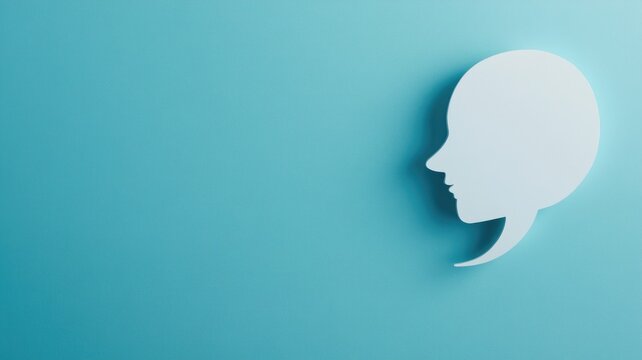Side silhouette of human face in speech bubble against light blue background