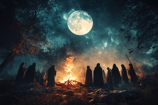 Witches sabbath in moonlit, with copy space