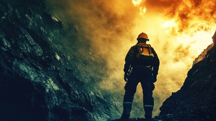 Naklejka premium Firefighter in action amidst intense flames and smoke