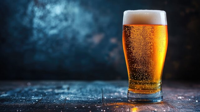 Pint of light beer with foamy head on wooden table, dark background - Powered by Adobe