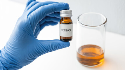 A bottle of FACTINOL is being held in a blue glove. A glass of liquid is next to the bottle