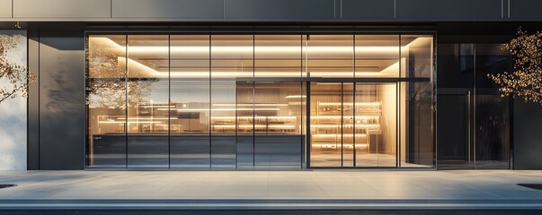 Modern glass storefront with warm lighting and minimalist design, showcasing a contemporary architectural style.
